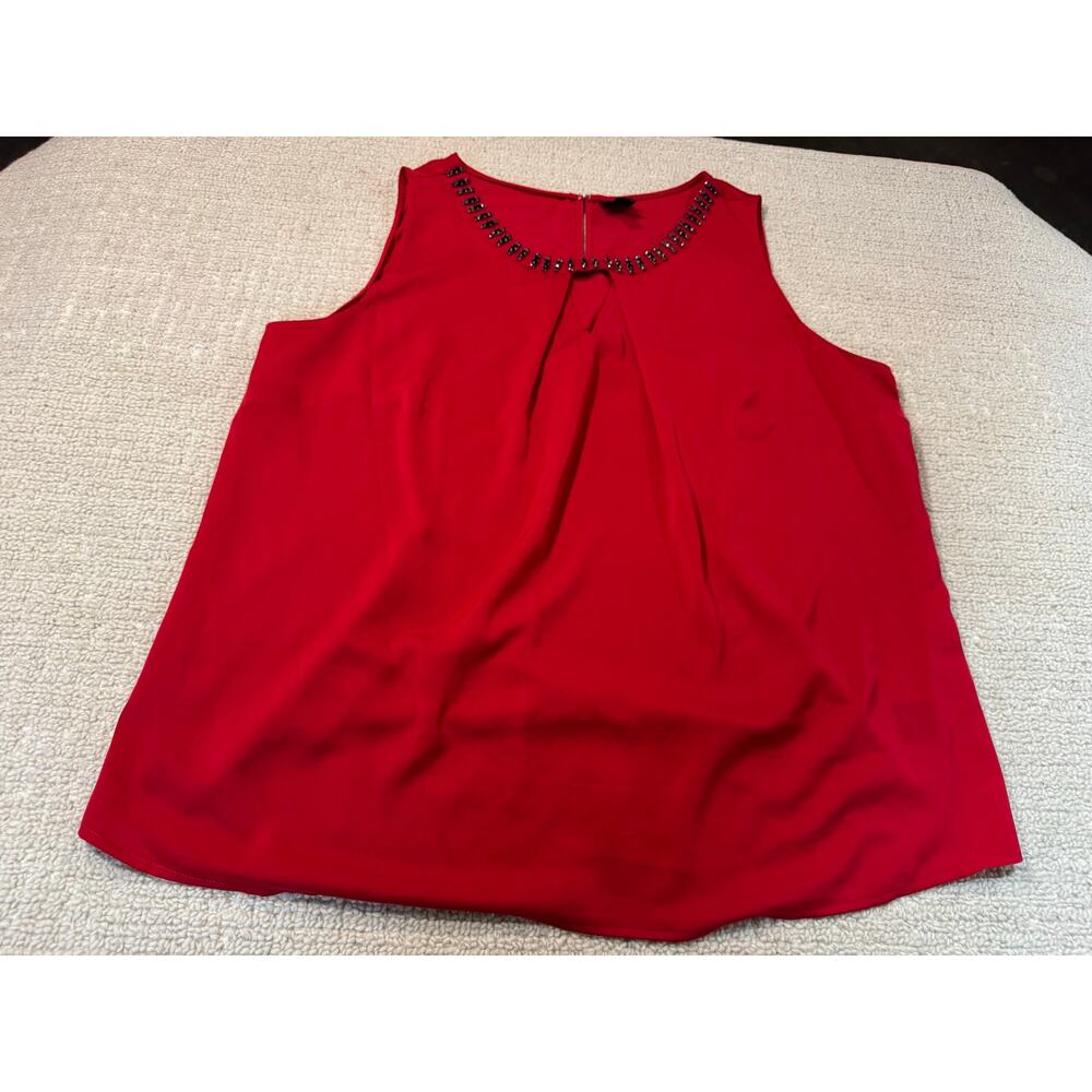 Worthington Women’s 2X Sleeveless Top Zip Red Embellished Neckline Gemstones